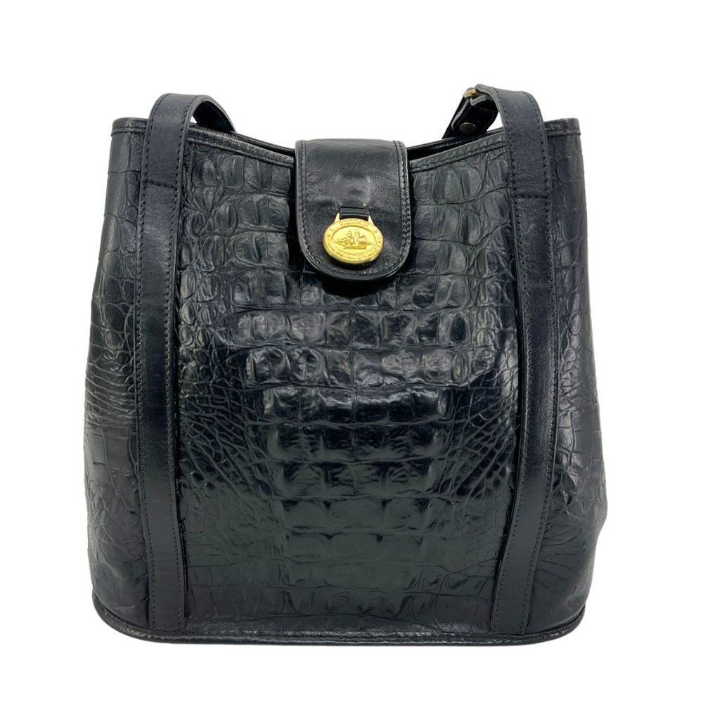 Vintage Brahmin Flower Bucket Bag in Black Melbourne Croc Embossed Leather